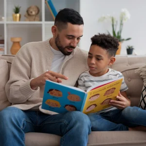 Adulto enseñando emociones a un niño con un libro ilustrado.