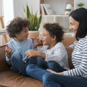 Niños españoles discutiendo en casa mientras su madre aplica disciplina positiva.