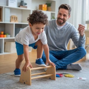 Niño superando un desafío con el apoyo de un adulto.