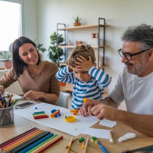 Familia acompañando a un niño durante un proyecto frustrante.