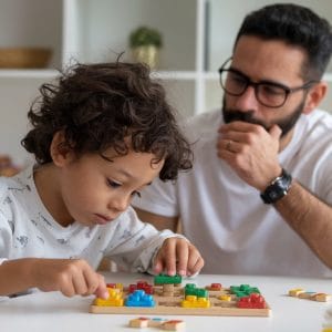 Niño frustrado con un rompecabezas mientras un adulto lo observa.