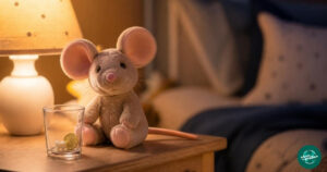 Carta del Ratón Pérez: ratoncito de peluche junto a un vaso con un diente de leche y una moneda