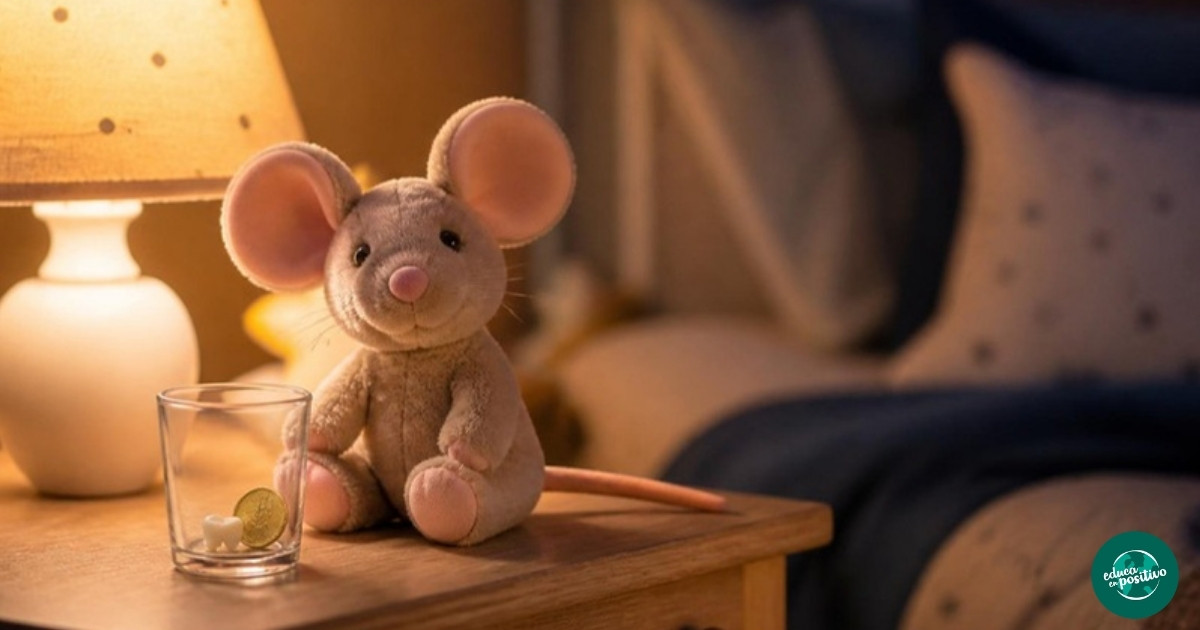 Carta del Ratón Pérez: ratoncito de peluche junto a un vaso con un diente de leche y una moneda